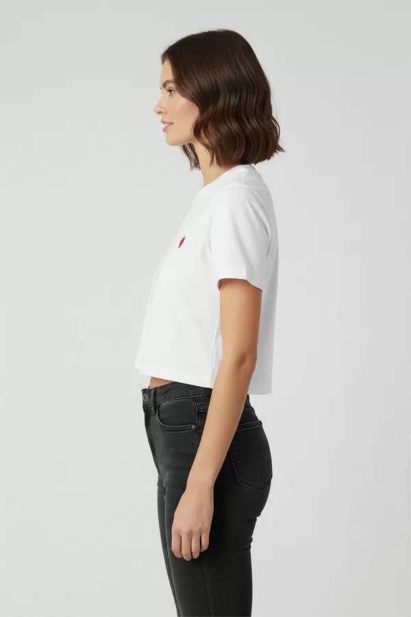 Nakışlı Beyaz Pamuklu Kadın Crop Tişört