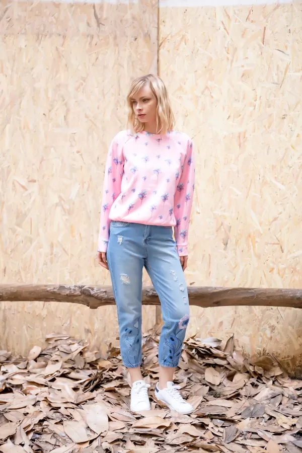 Nakışlı Mavi Regular Fit Kadın Jeans