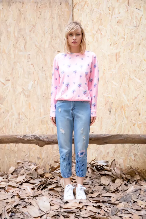 Nakışlı Mavi Regular Fit Kadın Jeans