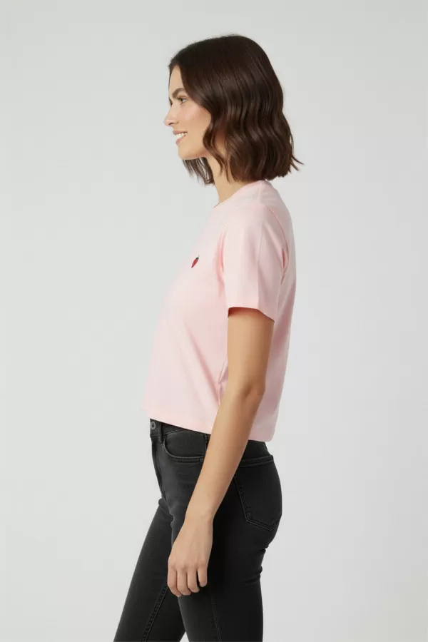 Nakışlı Pembe Pamuklu Kadın Crop Tişört