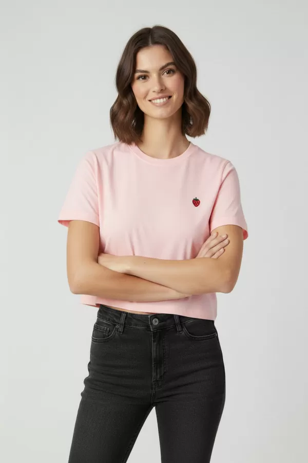 Nakışlı Pembe Pamuklu Kadın Crop Tişört