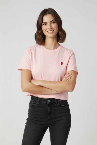 Nakışlı Pembe Pamuklu Kadın Crop Tişört