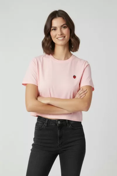 Nakışlı Pembe Pamuklu Kadın Crop Tişört