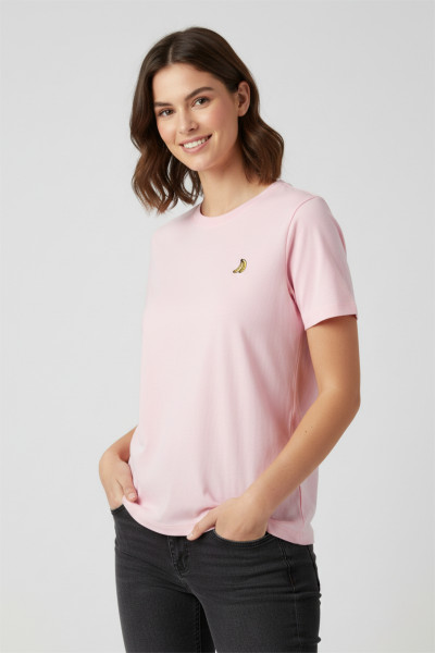Nakışlı Pembe Pamuklu Kadın Tişört