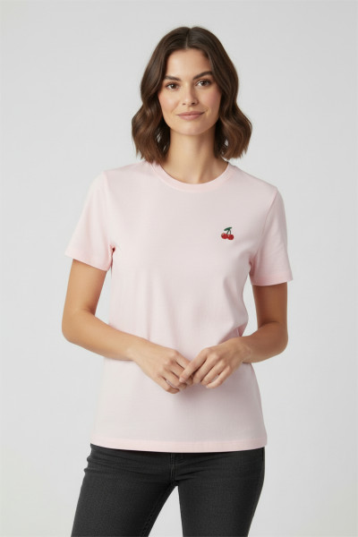 Nakışlı Pembe Pamuklu Kadın Tişört