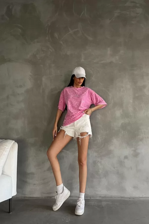 Nakışlı Pembe Yıkamalı Kadın Tişört