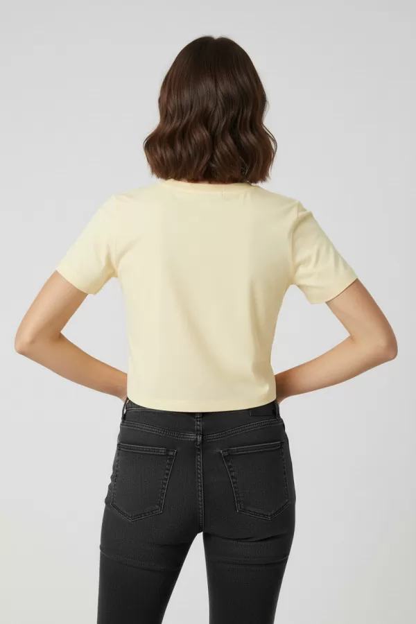 Nakışlı Sarı Pamuklu Kadın Crop Tişört