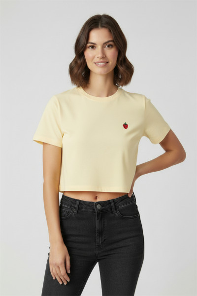 Nakışlı Sarı Pamuklu Kadın Crop Tişört