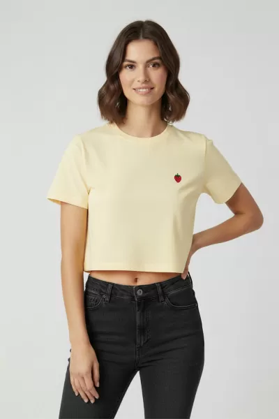 Nakışlı Sarı Pamuklu Kadın Crop Tişört