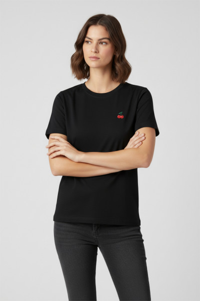 Nakışlı Siyah Pamuklu Kadın Tişört