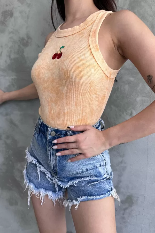 Nakışlı Turuncu Yıkamalı Kaşkorse Body