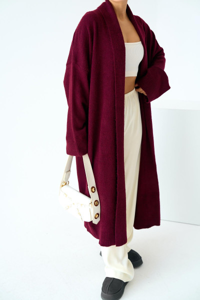 Önü Açık Şal Yaka Bordo Triko Kadın Hırka