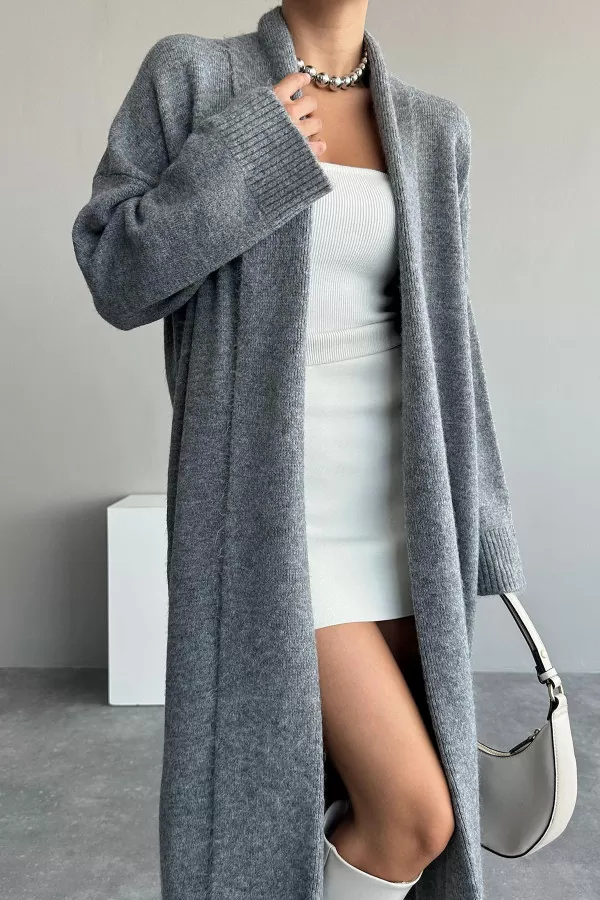 Önü Açık Şal Yaka Füme Kadın Hırka