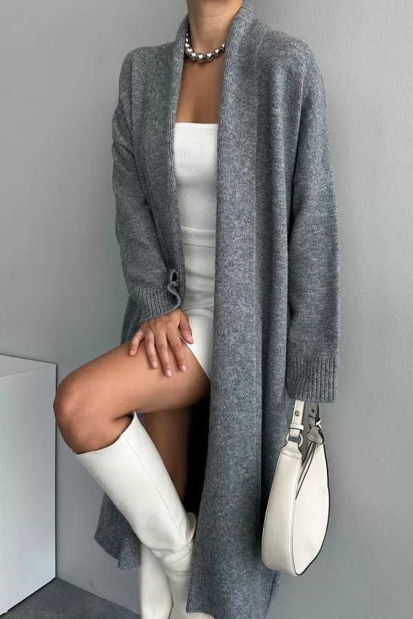 Önü Açık Şal Yaka Füme Kadın Hırka