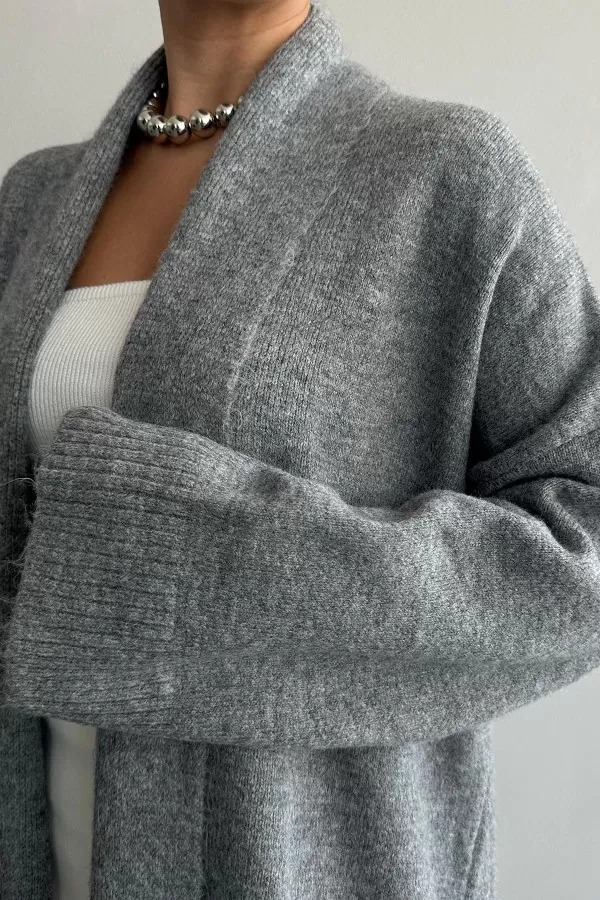 Önü Açık Şal Yaka Füme Kadın Hırka