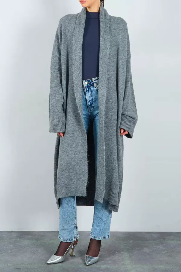 Önü Açık Şal Yaka Gri Triko Kadın Hırka