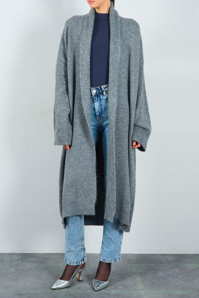 Önü Açık Şal Yaka Gri Triko Kadın Hırka