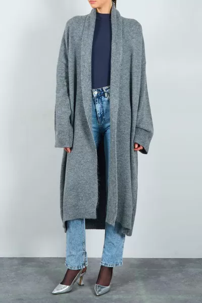 Önü Açık Şal Yaka Gri Triko Kadın Hırka