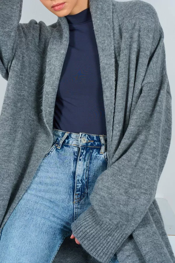 Önü Açık Şal Yaka Gri Triko Kadın Hırka