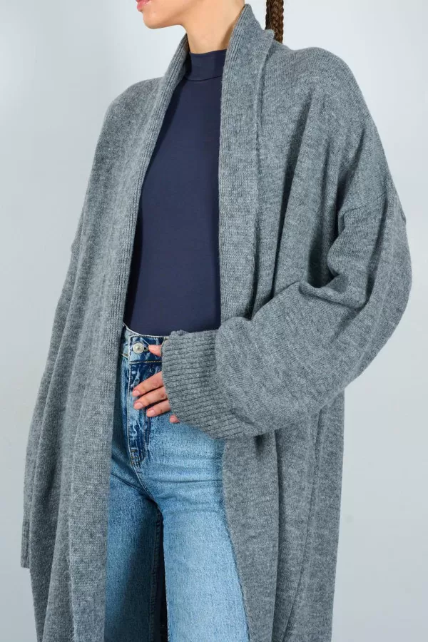 Önü Açık Şal Yaka Gri Triko Kadın Hırka