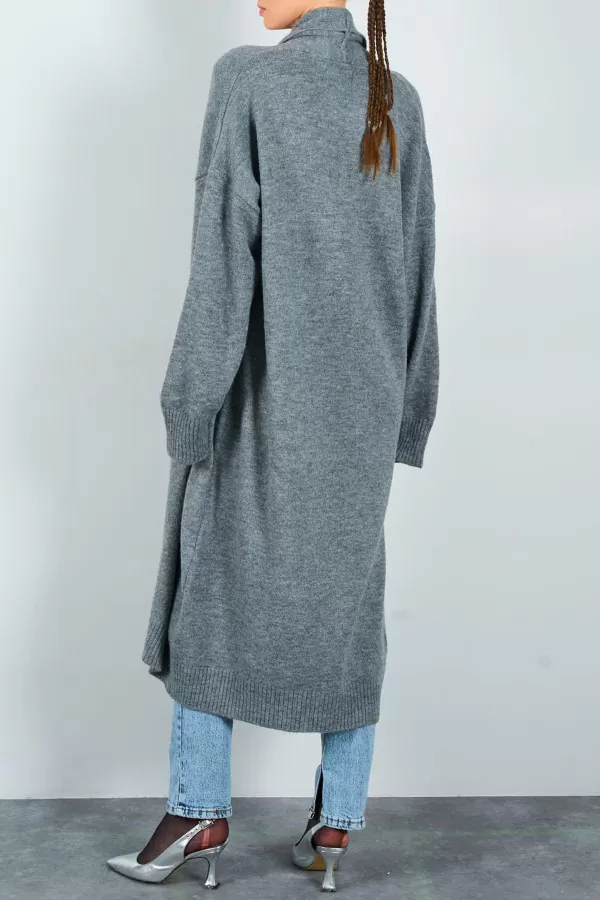 Önü Açık Şal Yaka Gri Triko Kadın Hırka