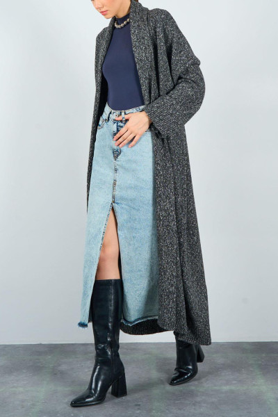 Önü Açık Şal Yaka Kırçıllı Siyah Kadın Hırka