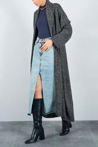 Önü Açık Şal Yaka Kırçıllı Siyah Kadın Hırka