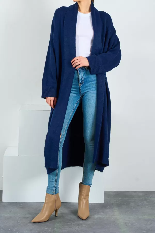 Önü Açık Şal Yaka Lacivert Kadın Hırka