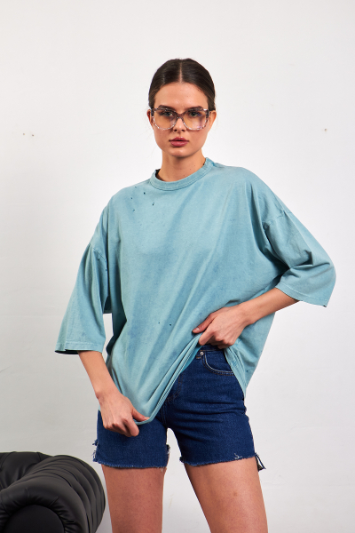 Eskitme Detaylı Oversize Yıkamalı Yeşil Kadın Tişört