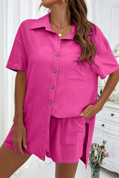 Pamuklu Fuşya Gömlek Şort Kadın İkili Takım