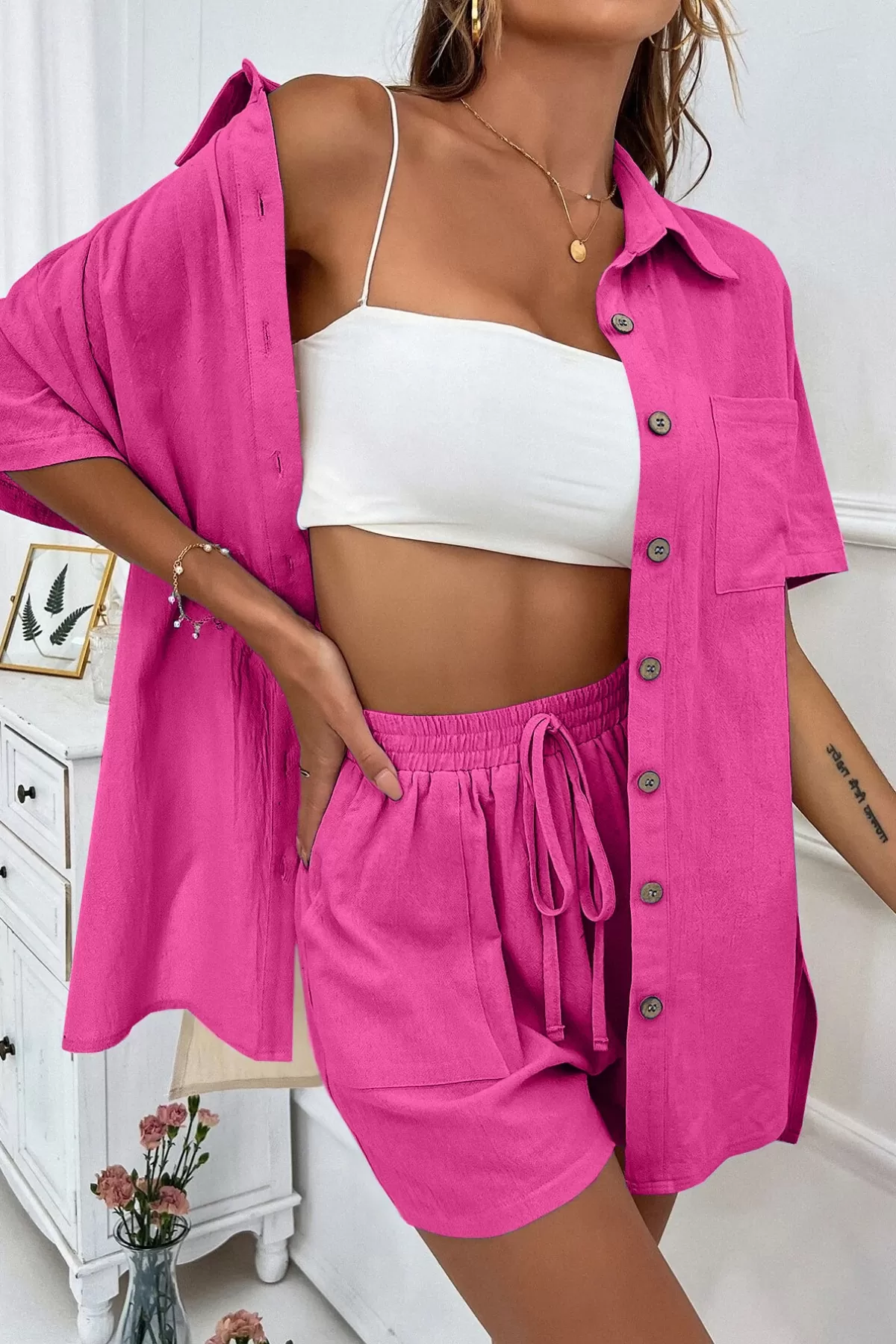 Pamuklu Fuşya Gömlek Şort Kadın İkili Takım