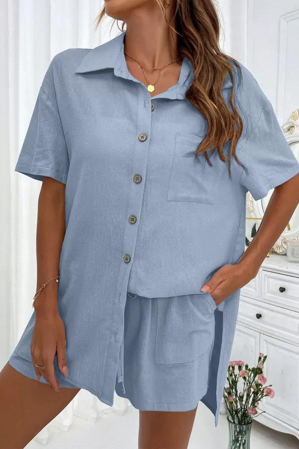 Pamuklu İndigo Gömlek Şort Kadın İkili Takım
