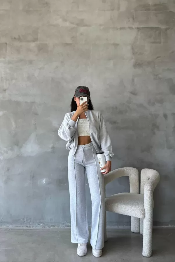 Pamuklu Melanjlı Gri Kadın Eşofman Takımı