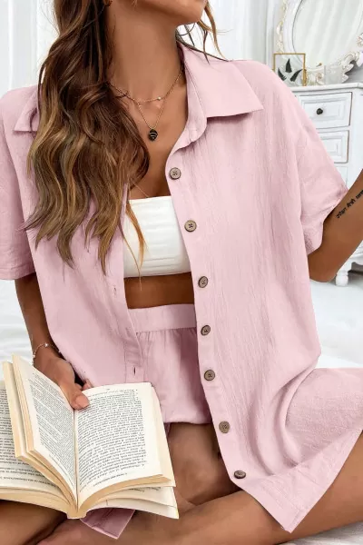 Pamuklu Pudra Gömlek Şort Kadın İkili Takım