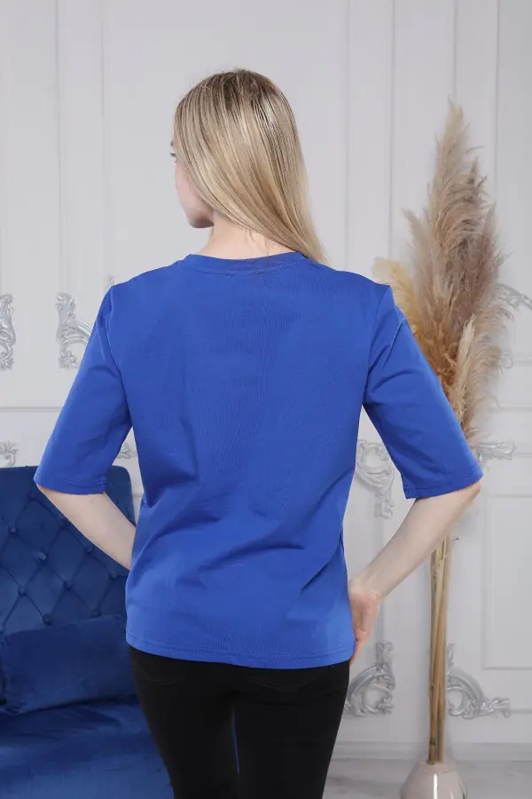 Pamuklu Saks Mavi Bisiklet Yaka Kadın Tişört