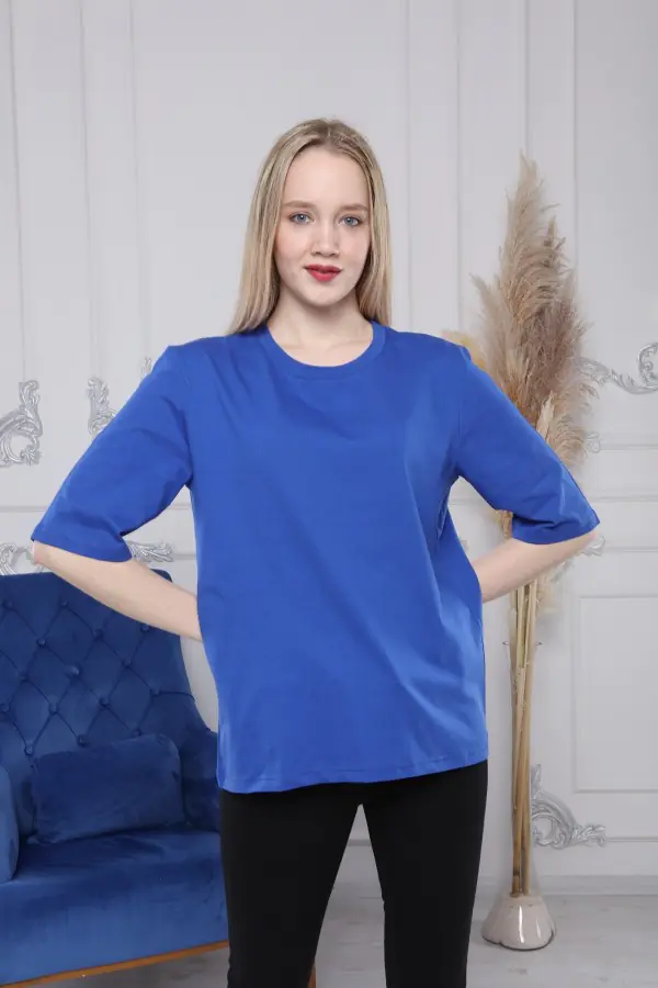 Pamuklu Saks Mavi Bisiklet Yaka Kadın Tişört