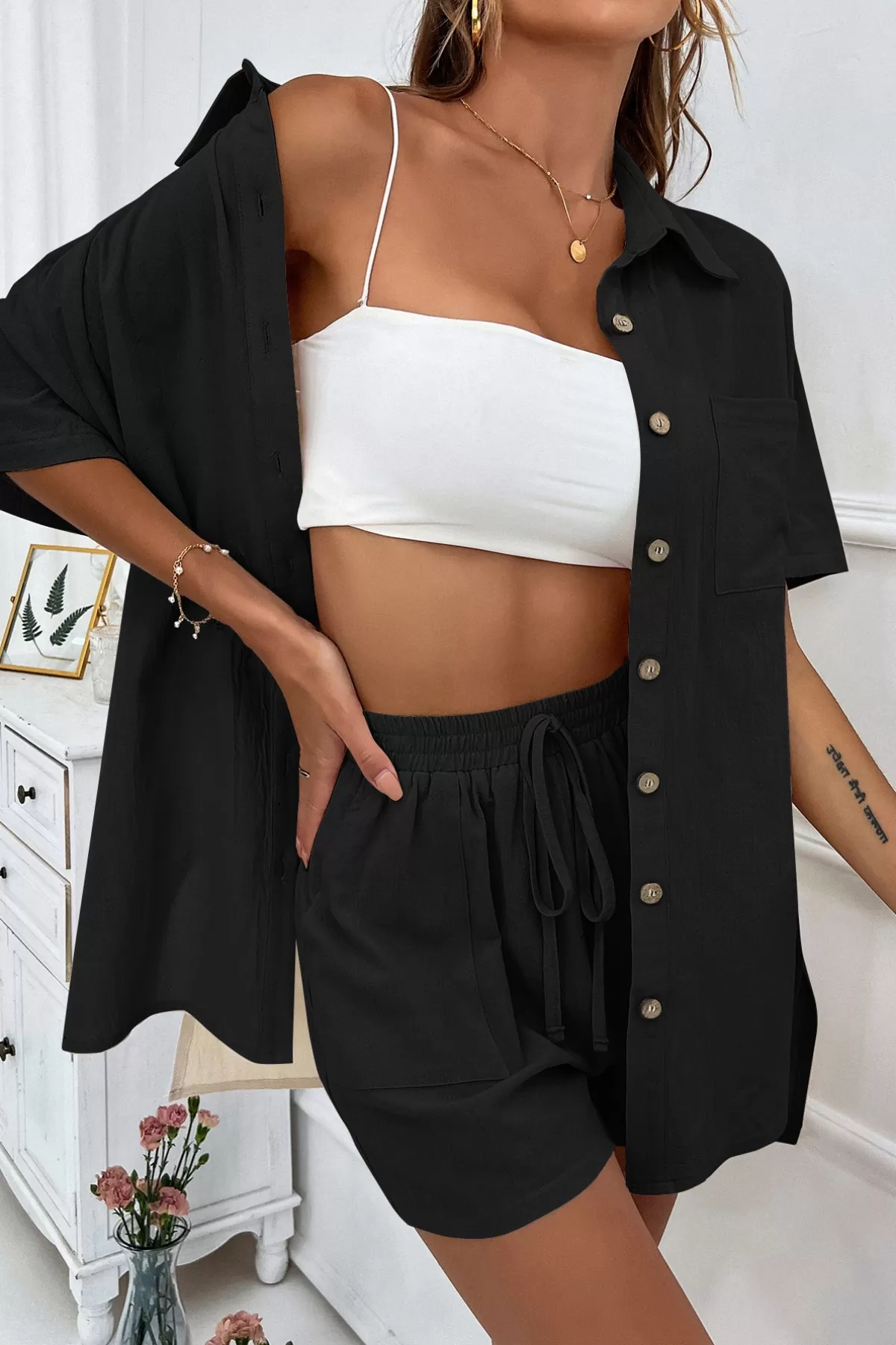 Pamuklu Siyah Gömlek Şort Kadın İkili Takım