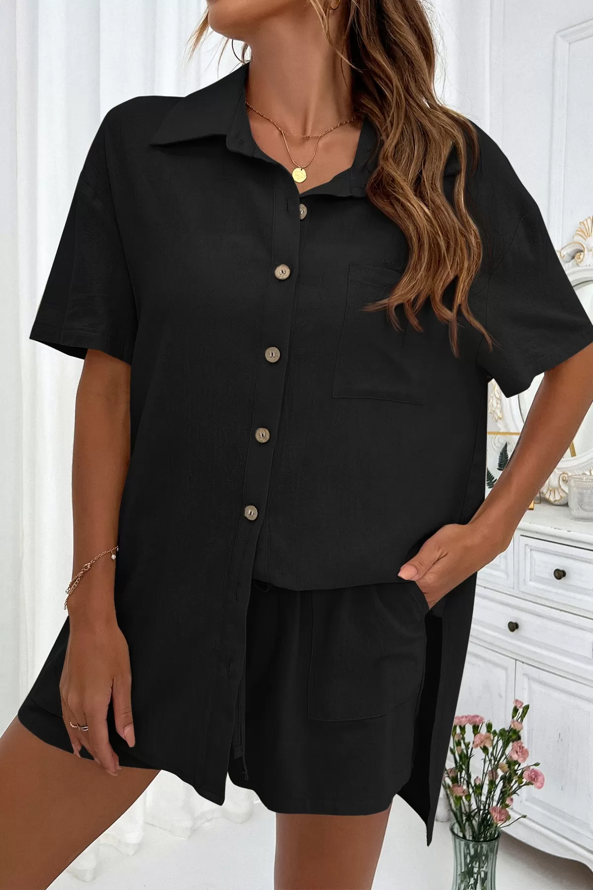 Pamuklu Siyah Gömlek Şort Kadın İkili Takım