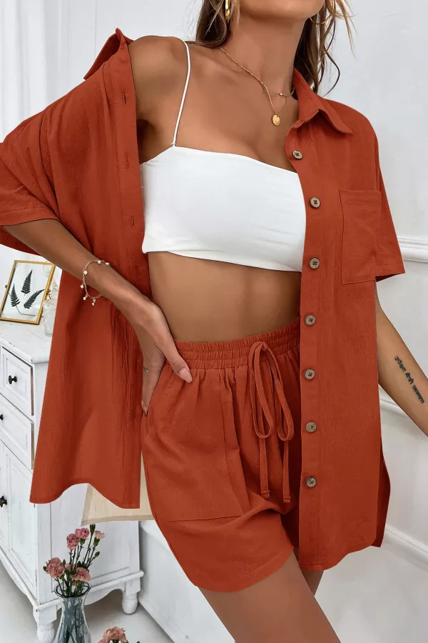 Pamuklu Tarçın Gömlek Şort Kadın İkili Takım