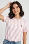 Mavi Beyaz Çizgili Pamuklu Nakışlı Kadın Tişört