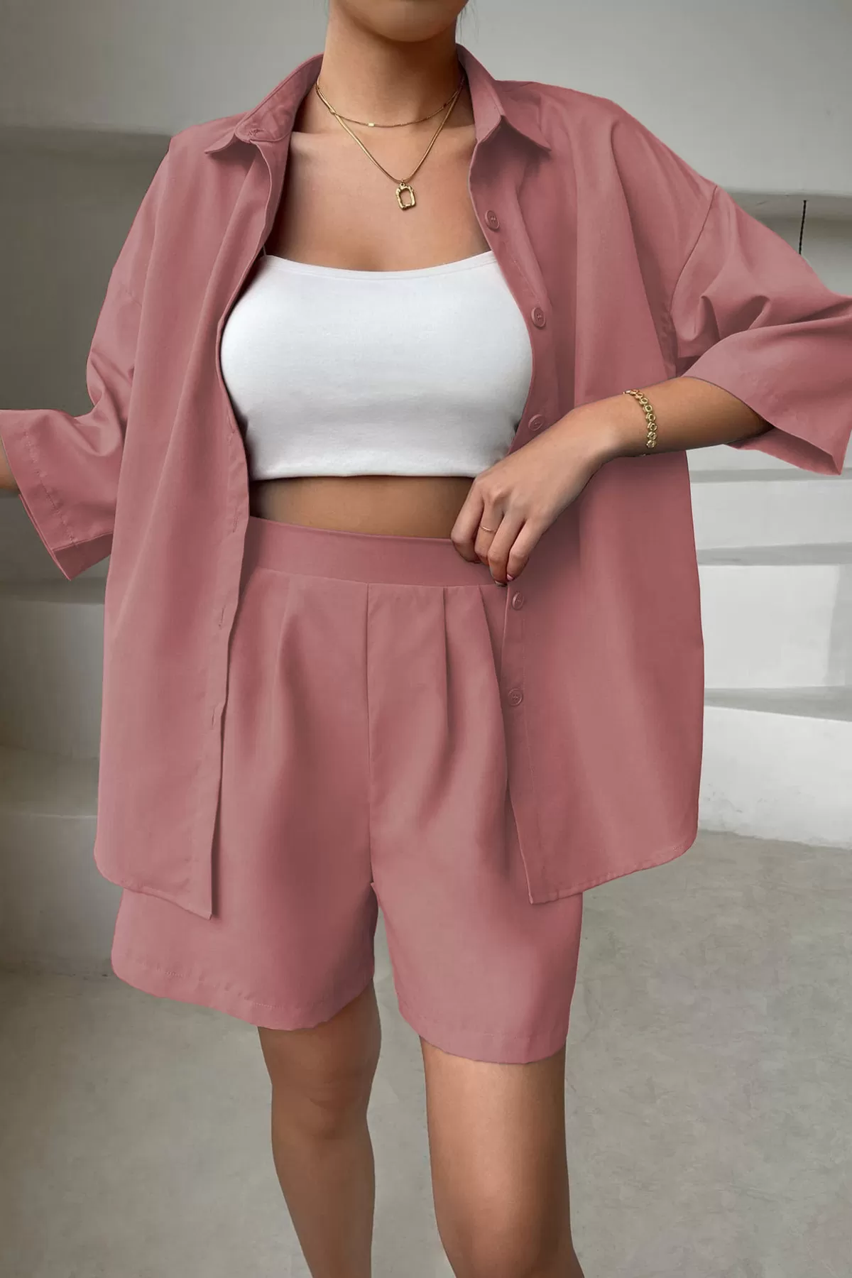 Pembe Gömlek Şort Kadın İkili Takım