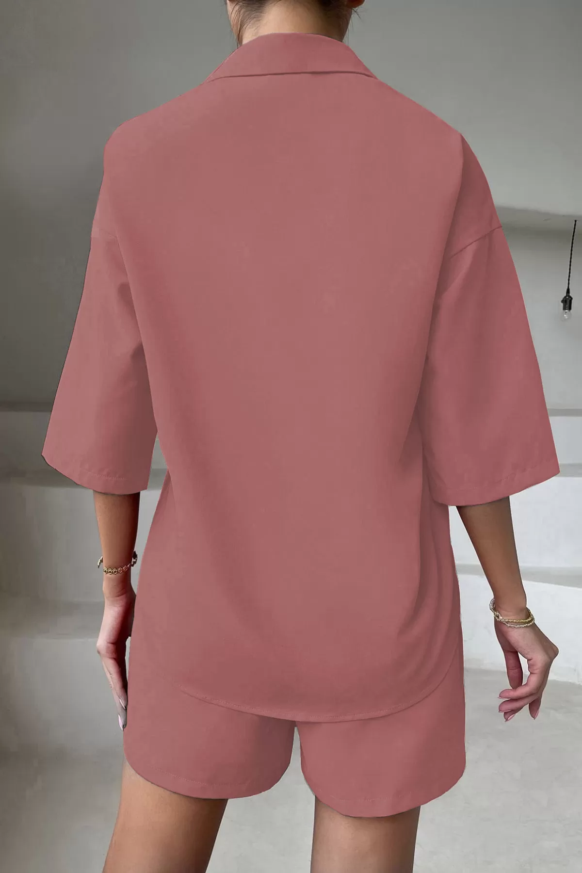 Pembe Gömlek Şort Kadın İkili Takım