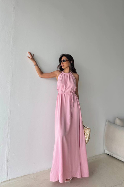 Pembe Pamuk Keten Yırtmaçlı Maksi Boy Elbise