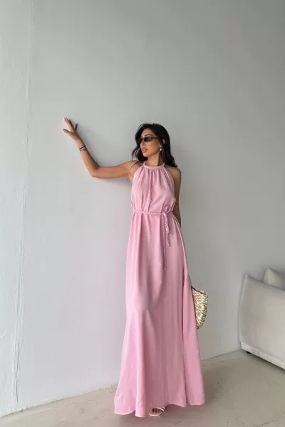 Pembe Pamuk Keten Yırtmaçlı Maksi Boy Elbise