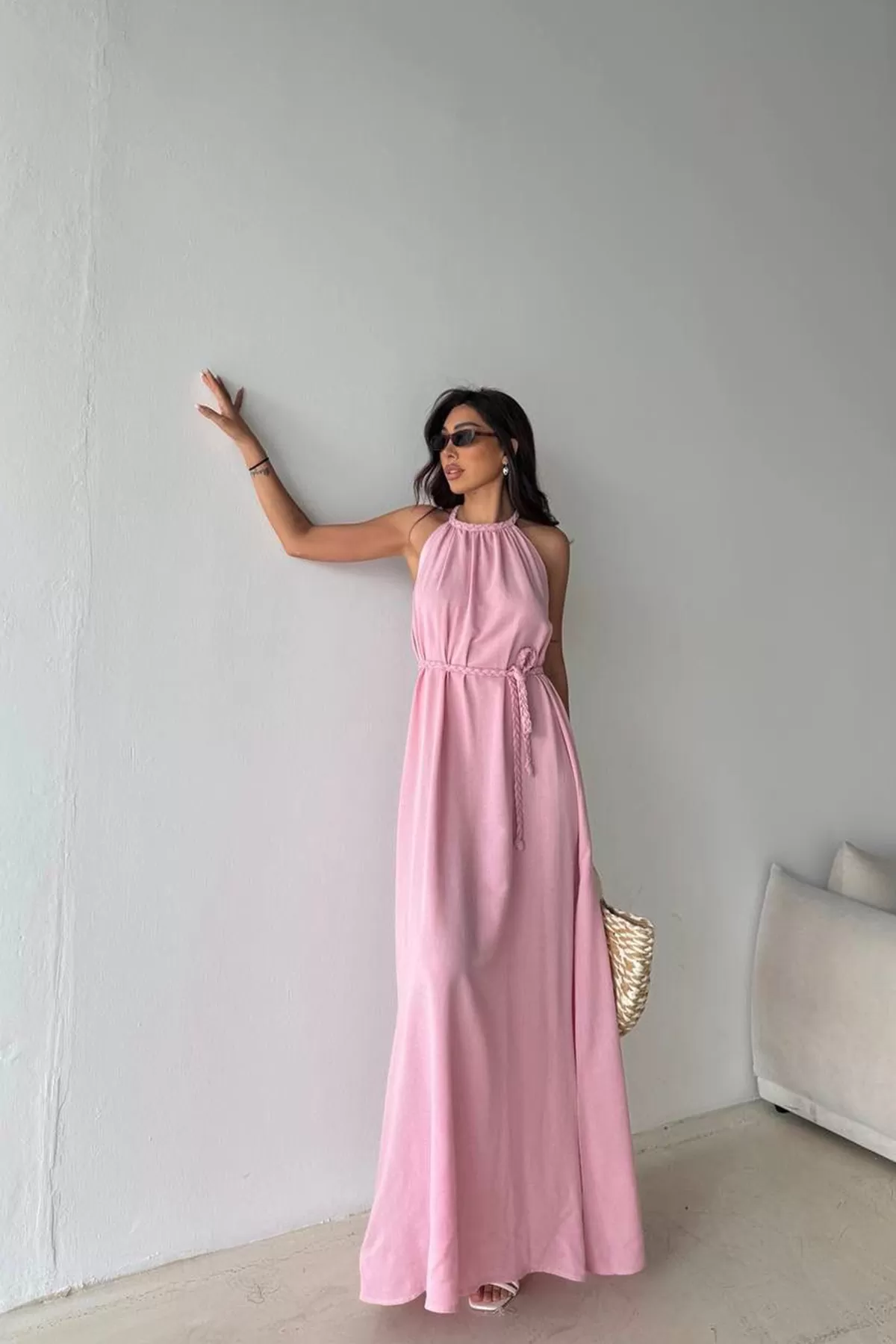 Pembe Pamuk Keten Yırtmaçlı Maksi Boy Elbise