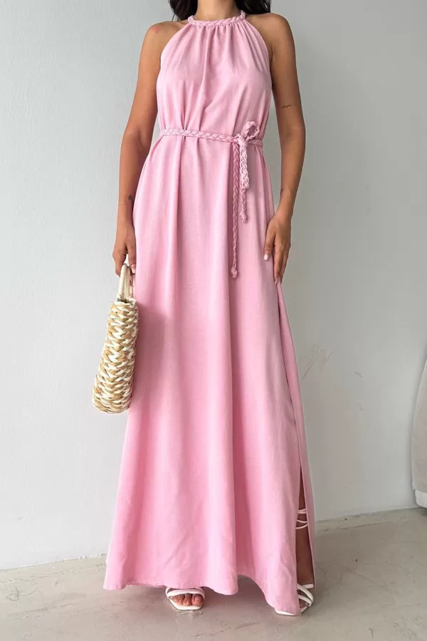 Pembe Pamuk Keten Yırtmaçlı Maksi Boy Elbise