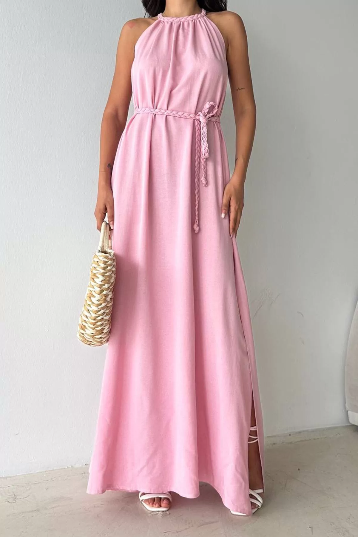 Pembe Pamuk Keten Yırtmaçlı Maksi Boy Elbise