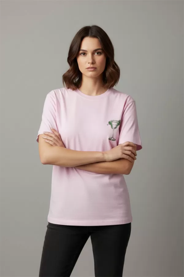 Pembe Pamuklu Baskılı Kadın Tişört