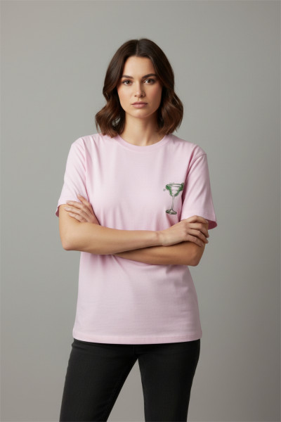 Pembe Pamuklu Baskılı Kadın Tişört