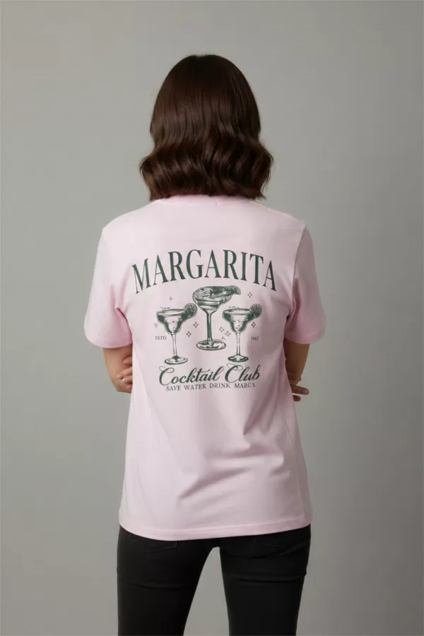 Pembe Pamuklu Baskılı Kadın Tişört